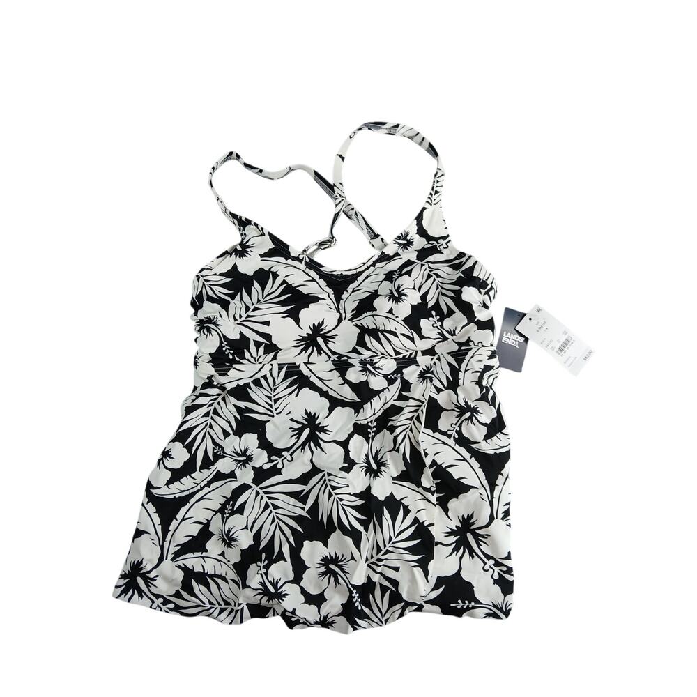 Lands' End Swim Top Womens XS (2-4) Black Hawaiian Floral Tankini Padded NWT